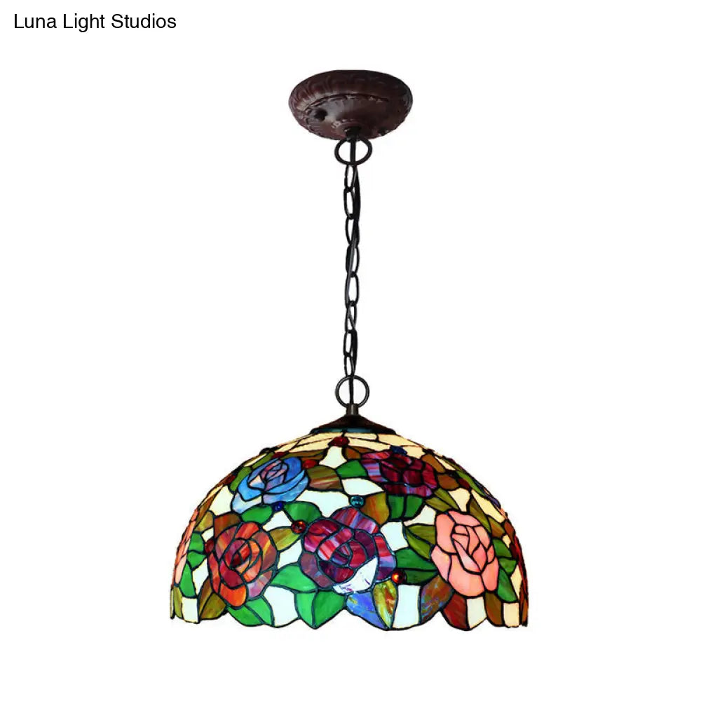 Rose Hanging Chandelier Tiffany Style Stained Glass Pendant Lamp - 1/2 Lights, Red/Green, 12"/16" Wide