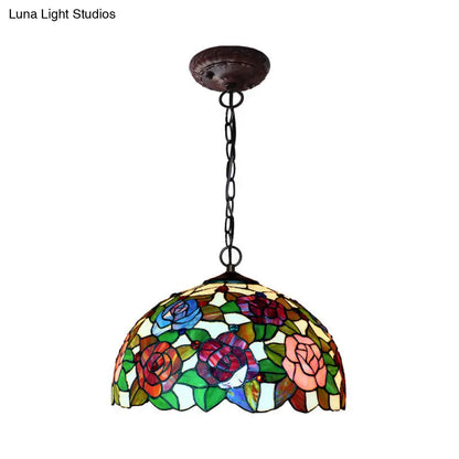 Rose Hanging Chandelier Tiffany Style Stained Glass Pendant Lamp - 1/2 Lights, Red/Green, 12"/16" Wide