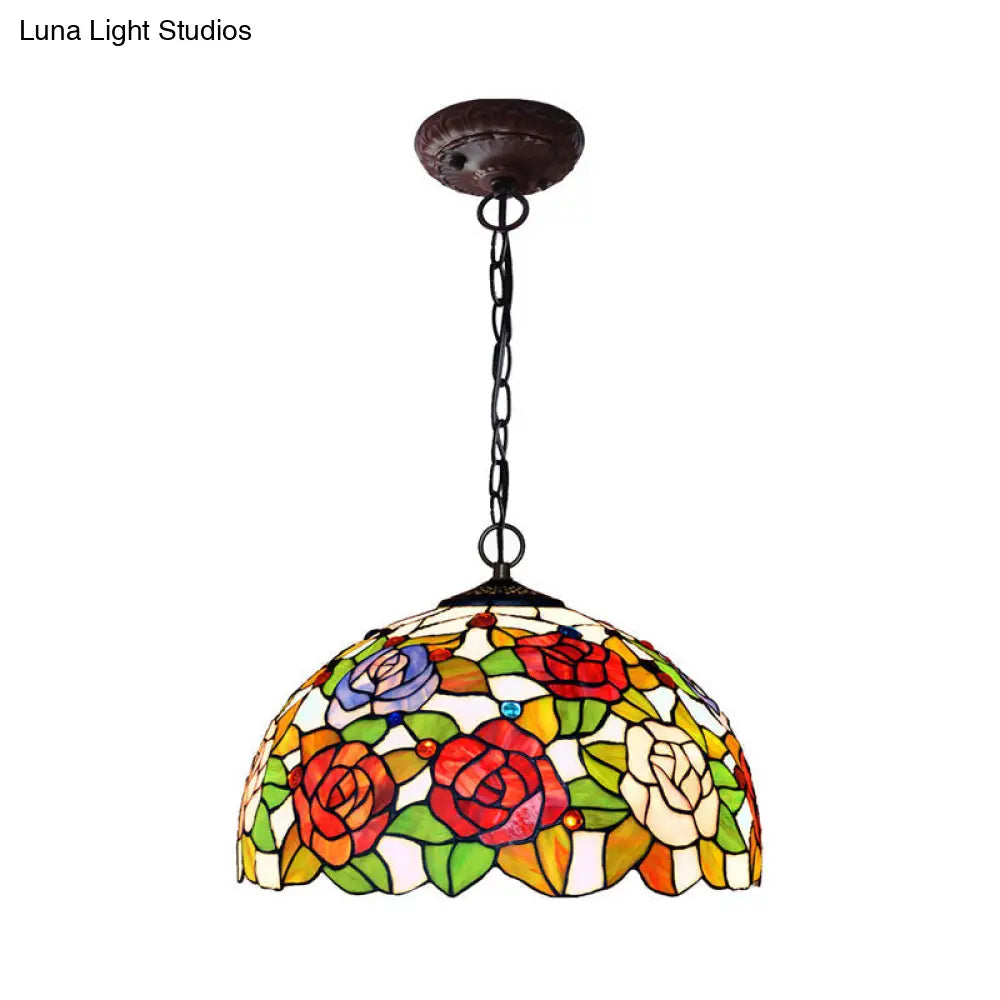 Rose Hanging Chandelier Tiffany Style Stained Glass Pendant Lamp - 1/2 Lights, Red/Green, 12"/16" Wide