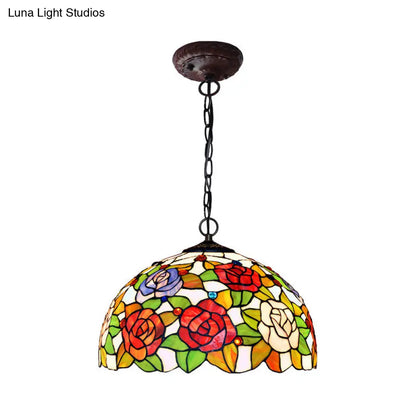 Rose Hanging Chandelier Tiffany Style Stained Glass Pendant Lamp - 1/2 Lights, Red/Green, 12"/16" Wide