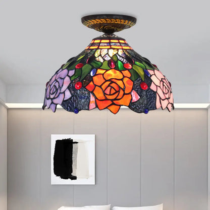 DecorBites™ DecorBites™ Rose Metal Tiffany Flush Mount Ceiling Light Fixture - Brass Finish, 12"/16" Diameter