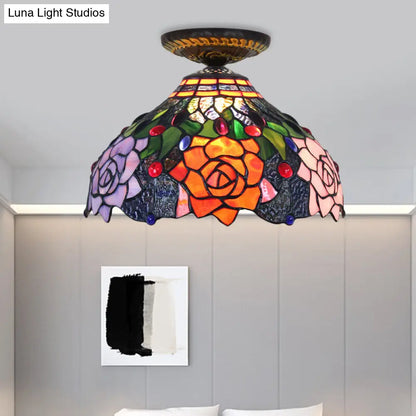 DecorBites™ DecorBites™ Rose Metal Tiffany Flush Mount Ceiling Light Fixture - Brass Finish, 12"/16" Diameter