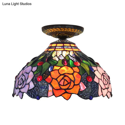 DecorBites™ DecorBites™ Rose Metal Tiffany Flush Mount Ceiling Light Fixture - Brass Finish, 12"/16" Diameter