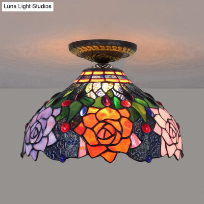 DecorBites™ DecorBites™ Rose Metal Tiffany Flush Mount Ceiling Light Fixture - Brass Finish, 12"/16" Diameter