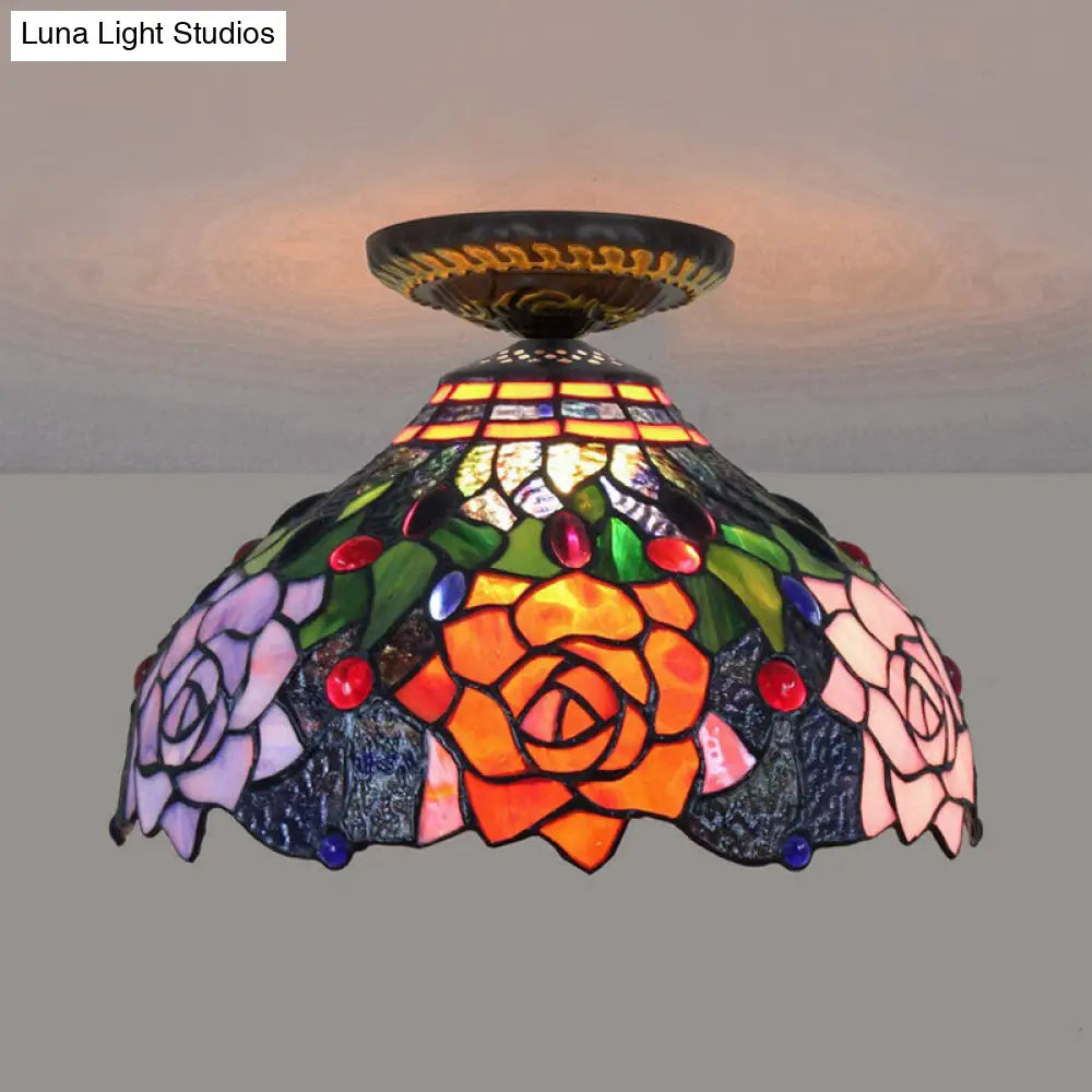 DecorBites™ DecorBites™ Rose Metal Tiffany Flush Mount Ceiling Light Fixture - Brass Finish, 12"/16" Diameter