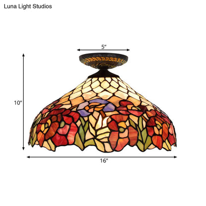 DecorBites™ DecorBites™ Rose Metal Tiffany Flush Mount Ceiling Light Fixture - Brass Finish, 12"/16" Diameter