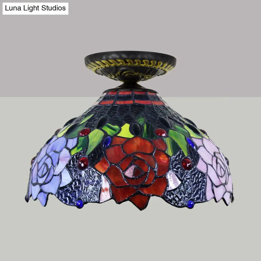 DecorBites™ DecorBites™ Rose Metal Tiffany Flush Mount Ceiling Light Fixture - Brass Finish, 12"/16" Diameter