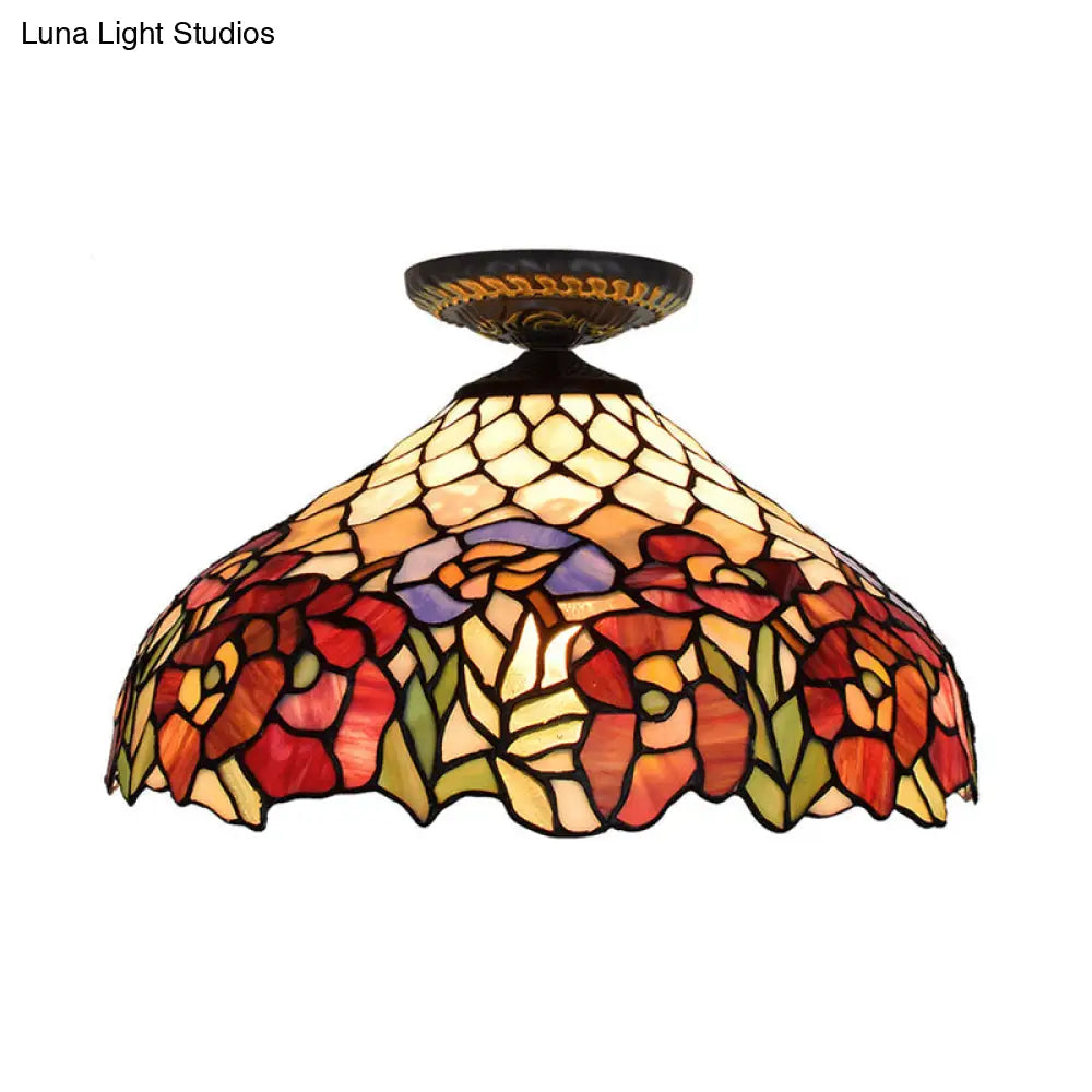 DecorBites™ DecorBites™ Rose Metal Tiffany Flush Mount Ceiling Light Fixture - Brass Finish, 12"/16" Diameter