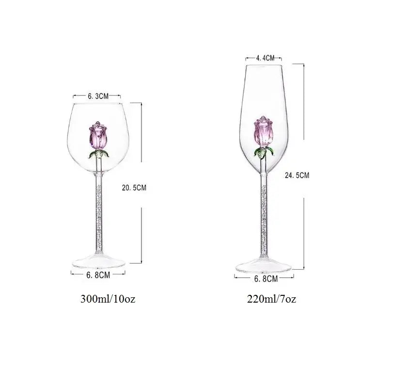 Elegant crystal rose stemware wine glass with pink flowers and green stems, available in 300ml and 220ml sizes for decorbites 3d rose decor