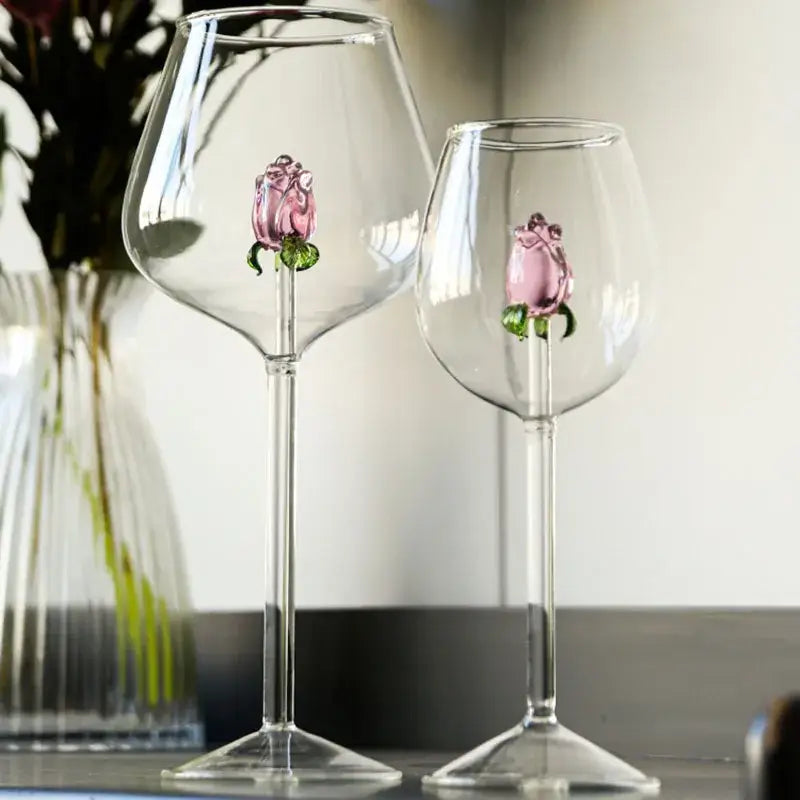 Clear glass rose stemware wine glass with delicate pink decorbites 3d rose embellishments and green stems for dining room decor