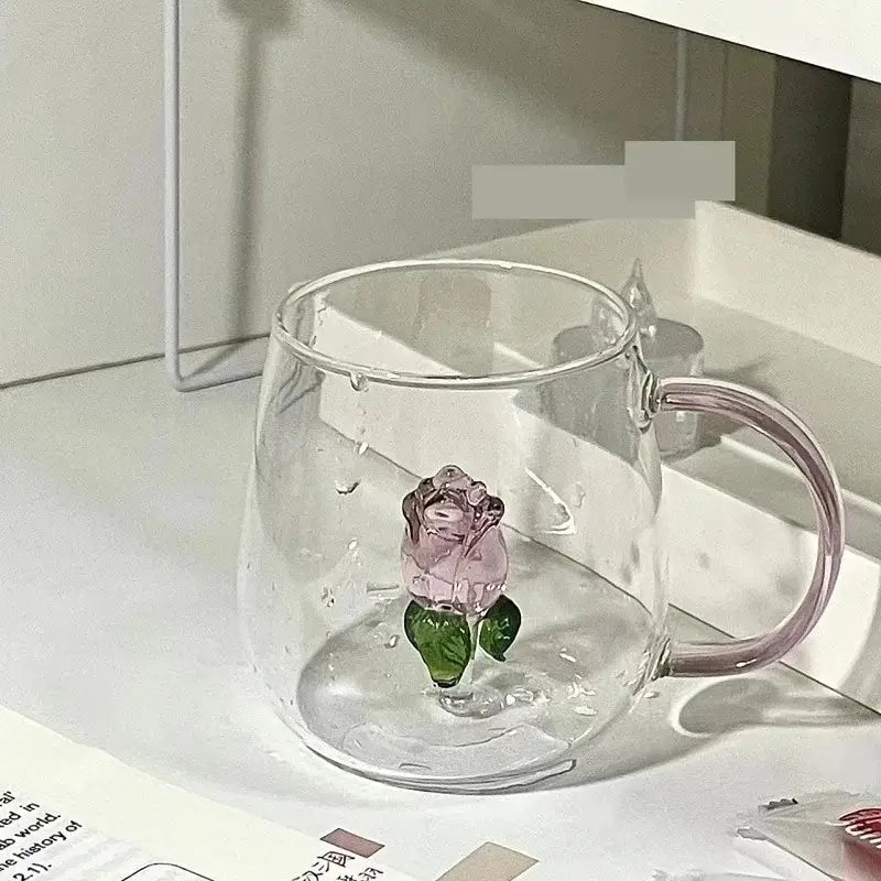 Clear glass rose stemware wine glass with pink decorbites 3d rose and green leaves embedded in base for dining room decor