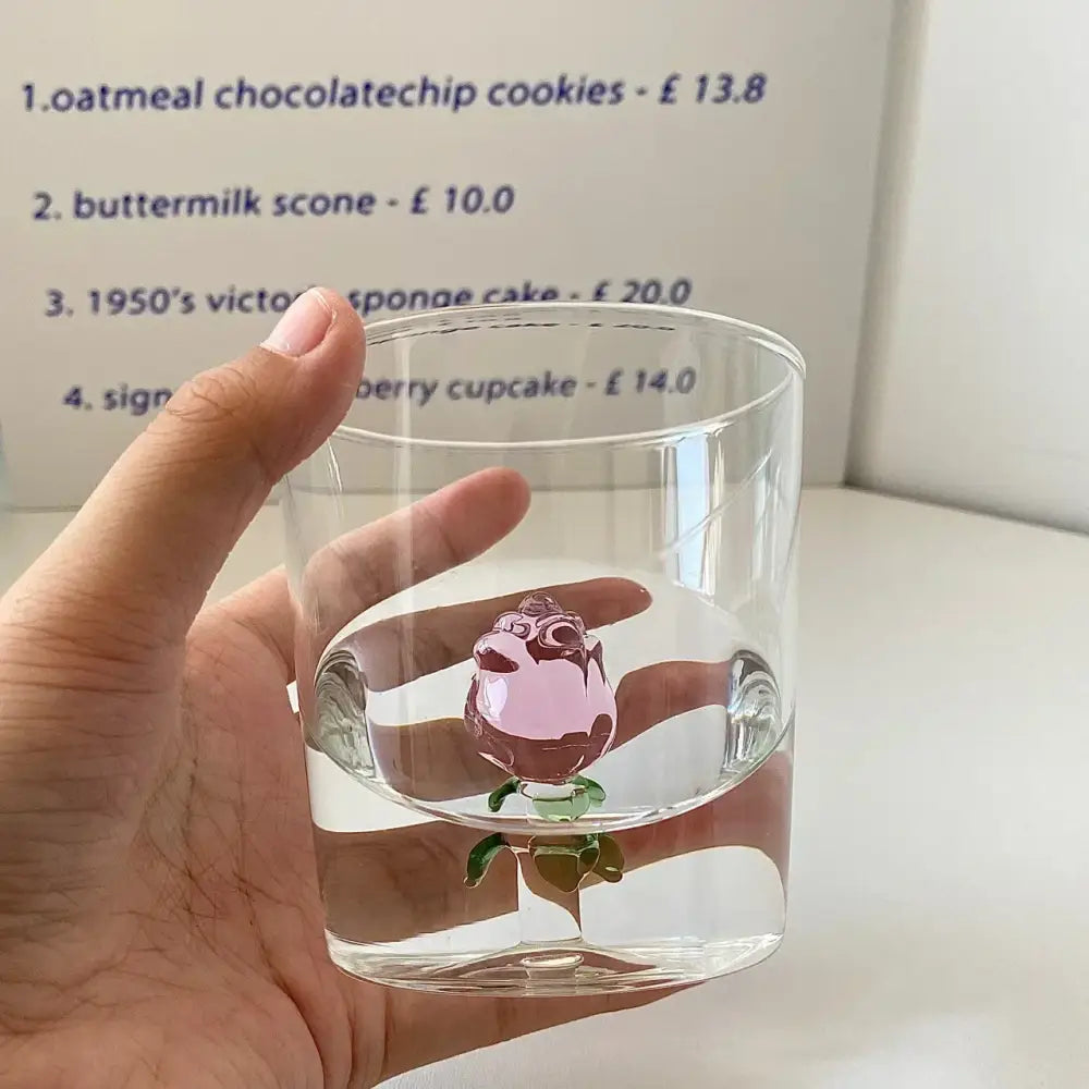 Clear glass stemware wine glass with pink rose and green stem design for elegant dining room decorbites 3d rose display