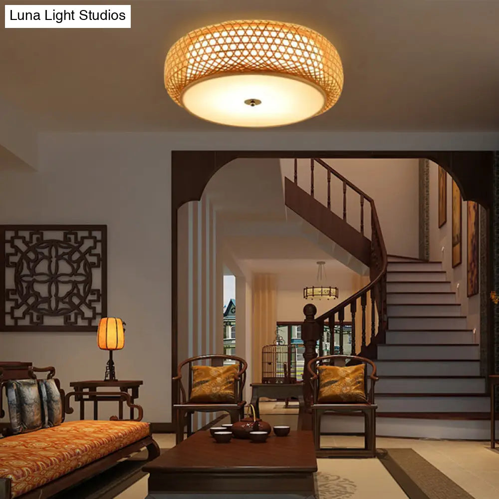 DecorBites™ DecorBites™ Round Bamboo Flush Mount Ceiling Lamp with Asian Design - Beige