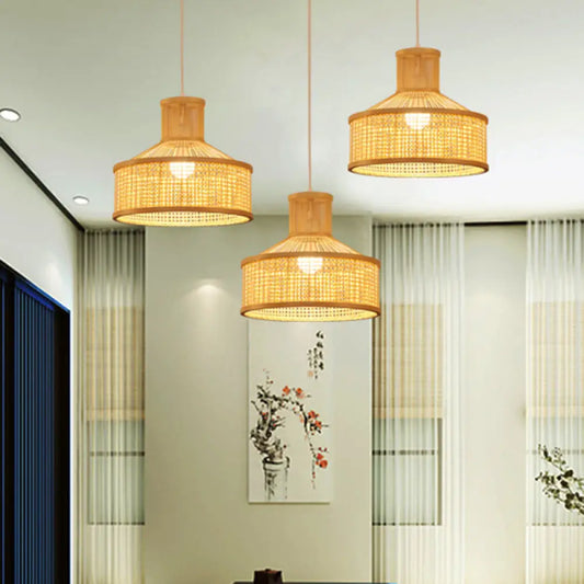 Round Bamboo Pendant Ceiling Light in Beige for Dining Room Decor