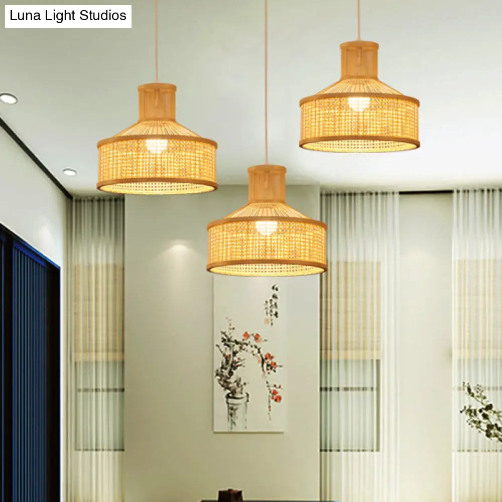 Round Bamboo Pendant Ceiling Light in Beige for Dining Room Decor