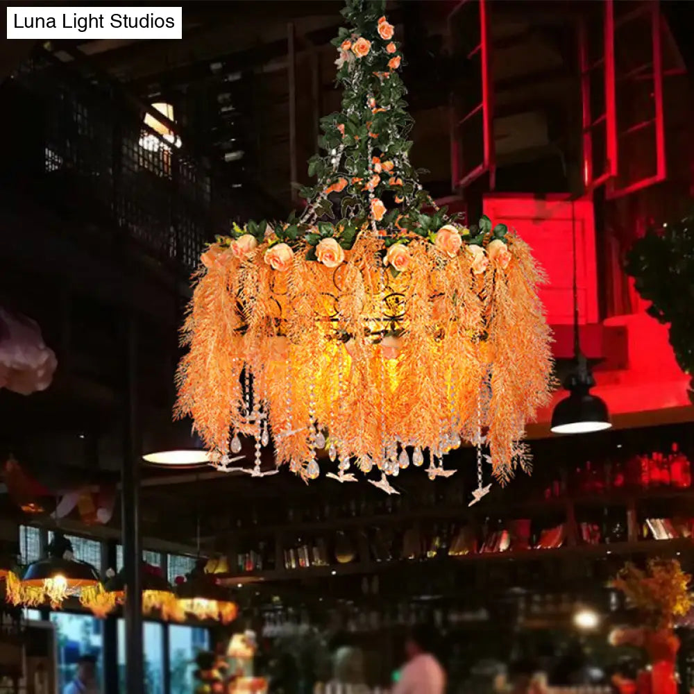 Round Cage Chandelier Light in Orange Metal with Plant Decor - 4-Bulb Pendant Lamp for Warehouse Ceilings