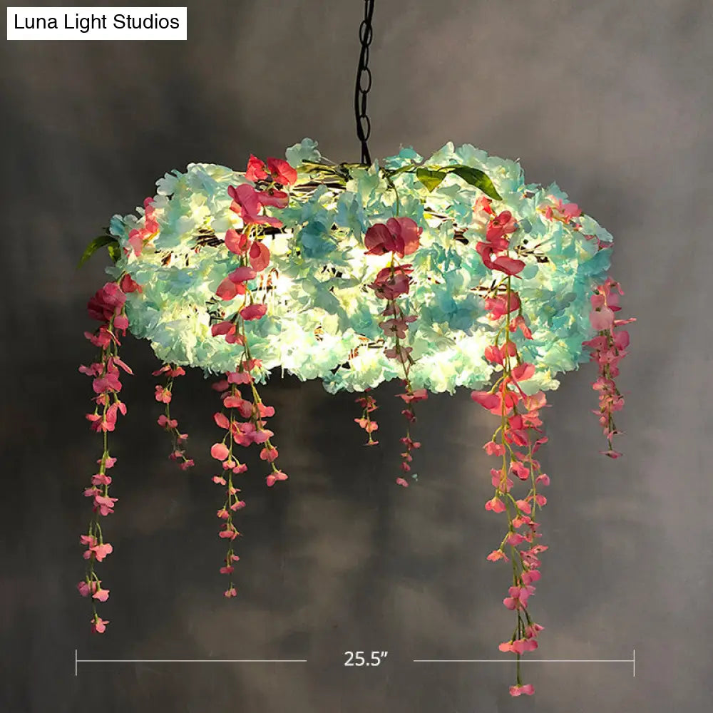 Round Cage Pendant Lamp with Floral Accents - Rustic Metal Chandelier, 3 Lights