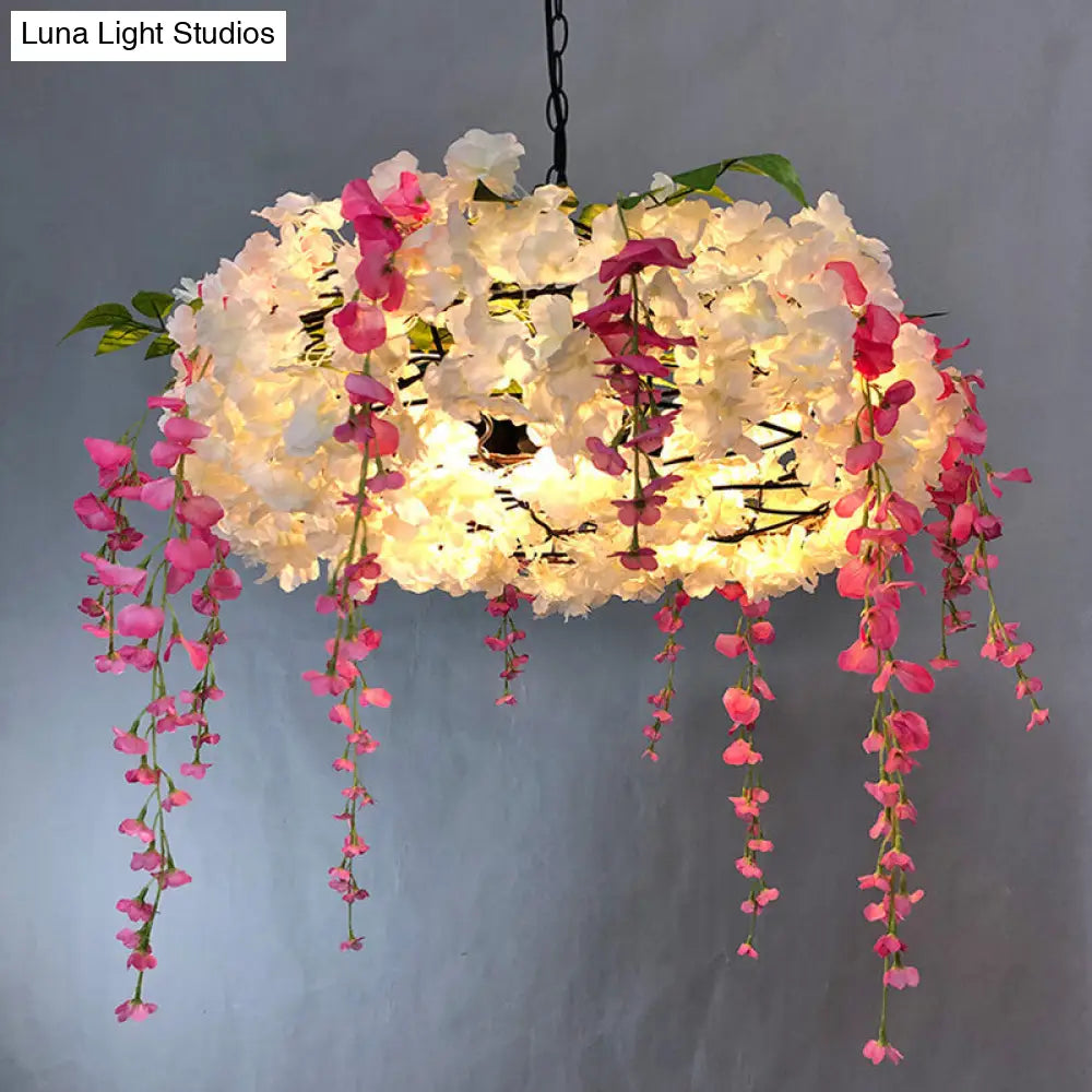 Round Cage Pendant Lamp with Floral Accents - Rustic Metal Chandelier, 3 Lights