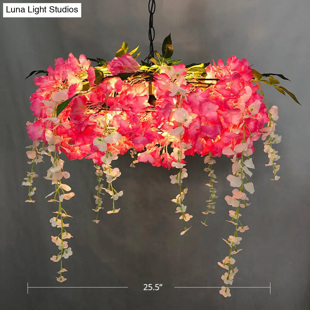 Round Cage Pendant Lamp with Floral Accents - Rustic Metal Chandelier, 3 Lights