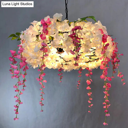 Round Cage Pendant Lamp with Floral Accents - Rustic Metal Chandelier, 3 Lights