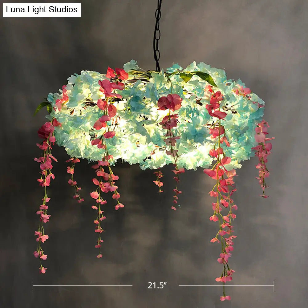 Round Cage Pendant Lamp with Floral Accents - Rustic Metal Chandelier, 3 Lights