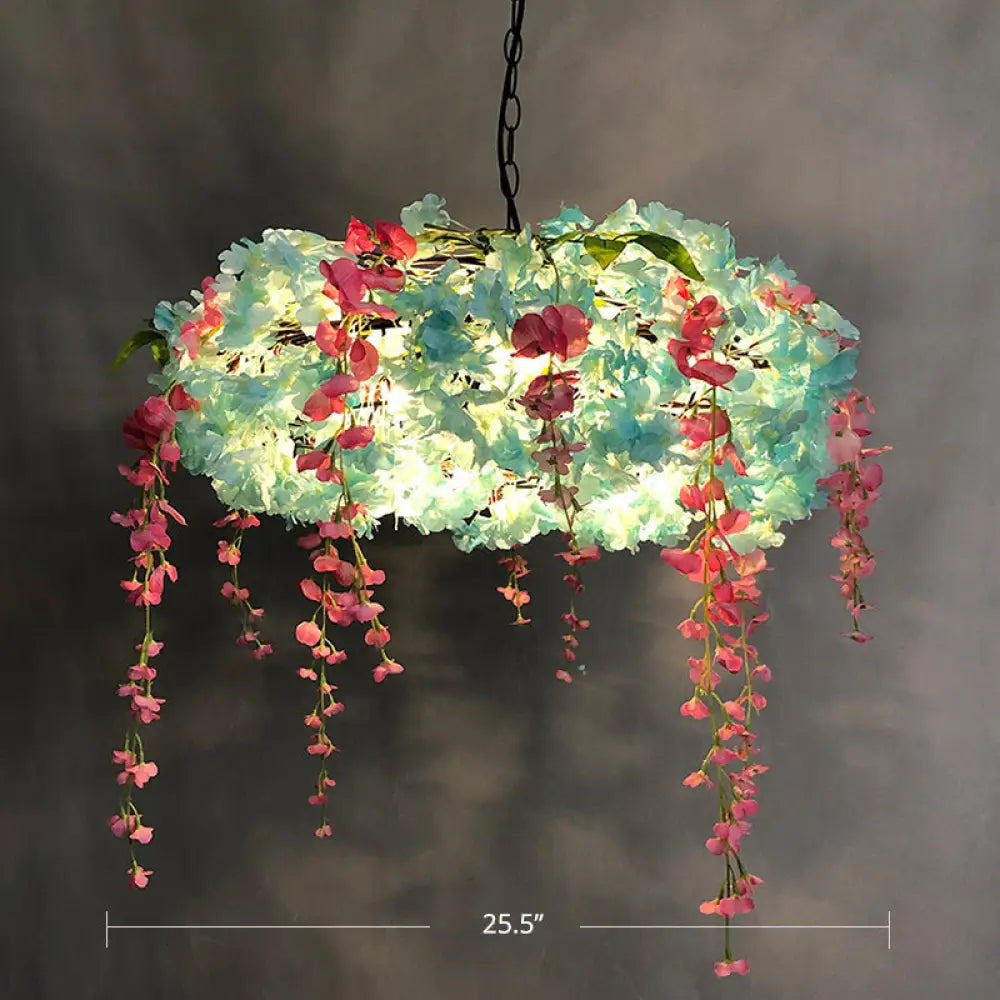 Round Cage Pendant Lamp with Floral Accents - Rustic Metal Chandelier, 3 Lights