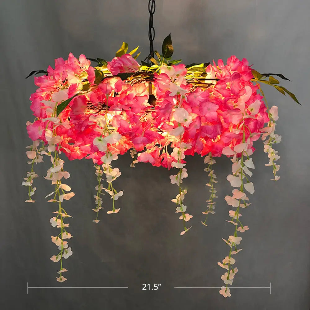 Round Cage Pendant Lamp with Floral Accents - Rustic Metal Chandelier, 3 Lights