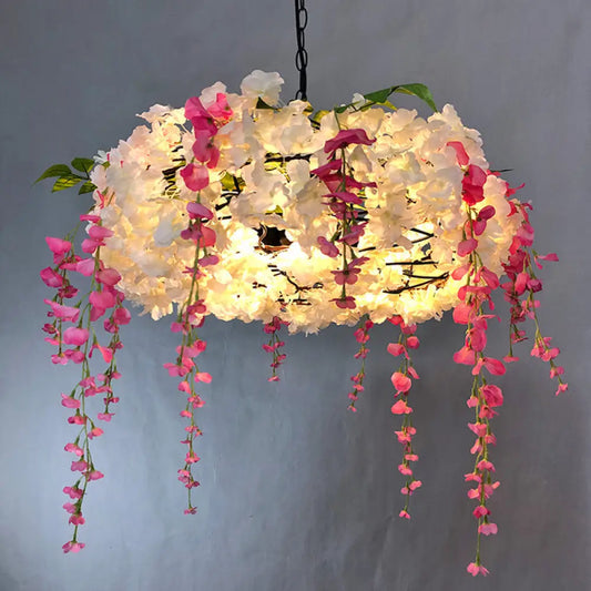 Round Cage Pendant Lamp with Floral Accents - Rustic Metal Chandelier, 3 Lights