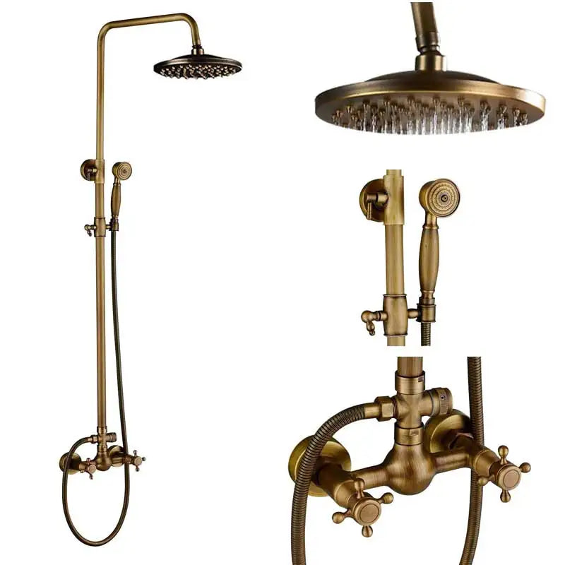 Rozin antique brass shower faucet set with overhead rainhead handheld spray nozzle and wall-mounted valve assembly