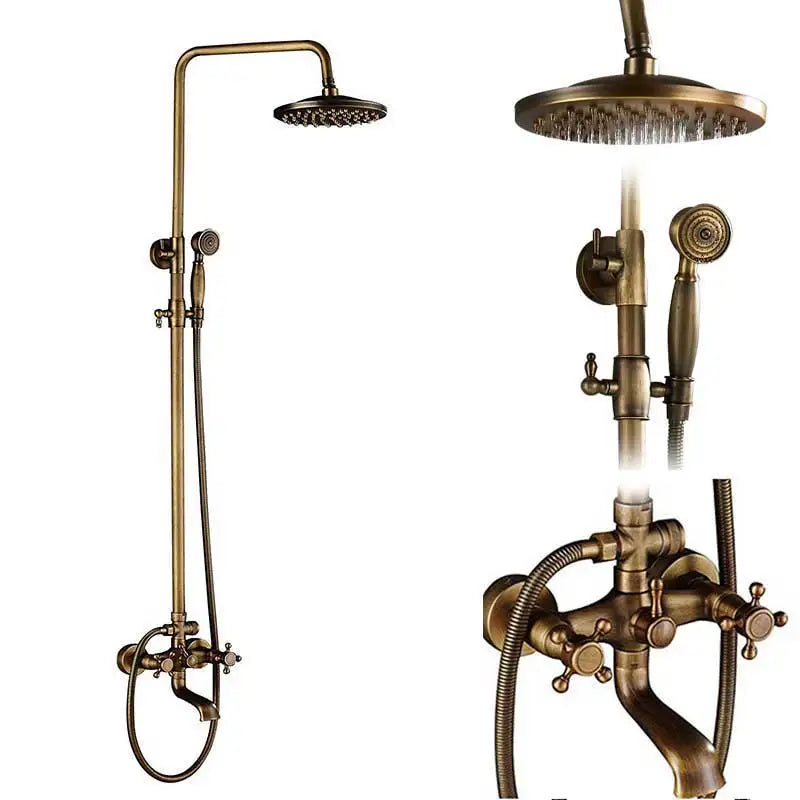 Rozin antique brass shower faucet set with vintage finish, rainfall overhead rainhead, handheld spray nozzle, and wall mixer valve