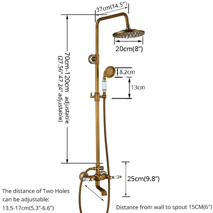 Rozin antique brass shower faucet set with 20cm rainhead handheld spray and adjustable height settings in brass finish