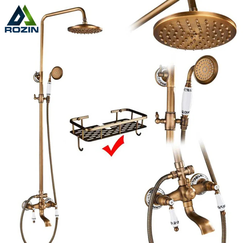 Antique brass shower faucet set rozin with fixed overhead rainhead handheld spray and white ceramic handles