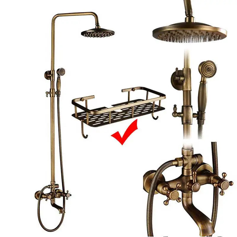 Antique brass shower faucet set with rainfall overhead rainhead handheld spray and wall-mounted mixer tap by rozin