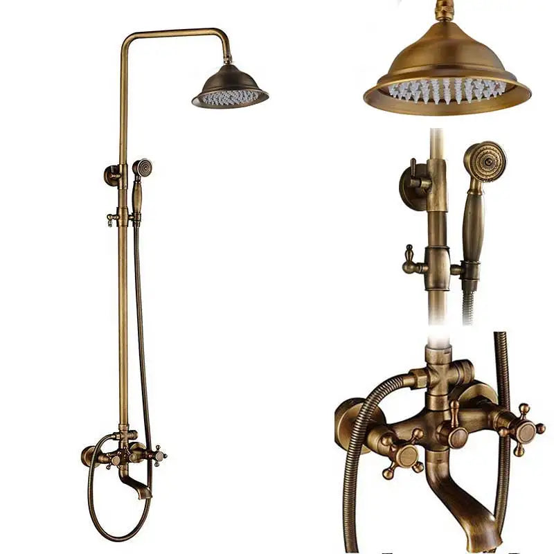 Rozin antique brass shower faucet set with rainhead handheld spray nozzle and wall-mounted faucet assembly for bathroom