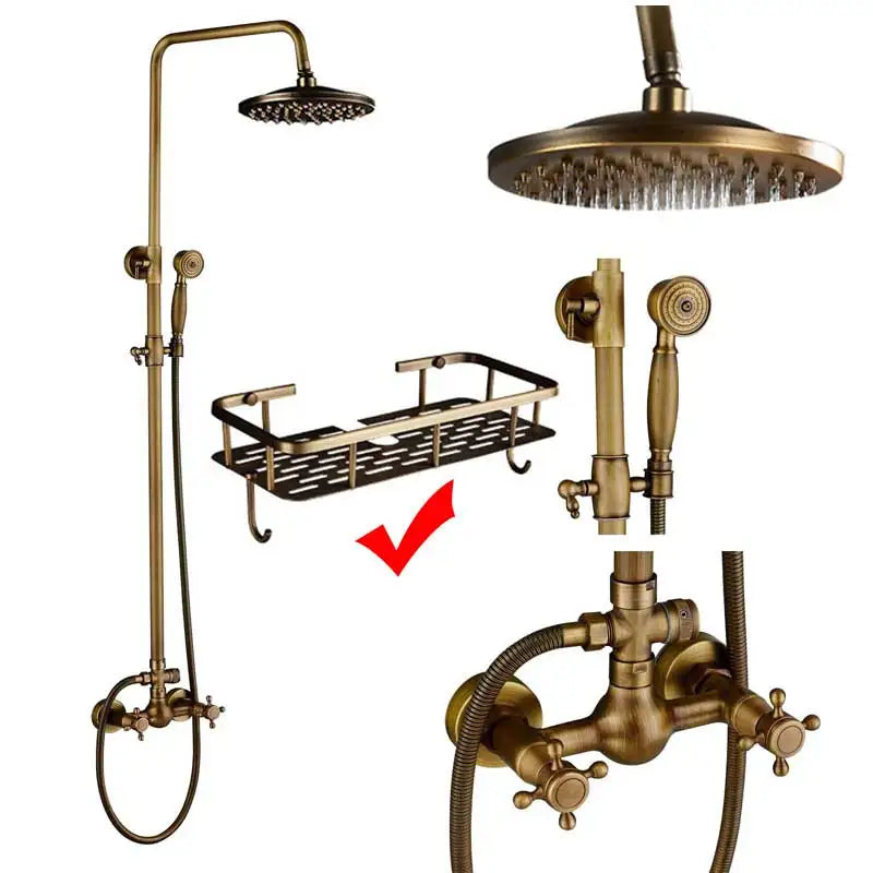 Rozin antique brass shower faucet set with rainfall overhead rainhead handheld spray and wall-mounted control valves