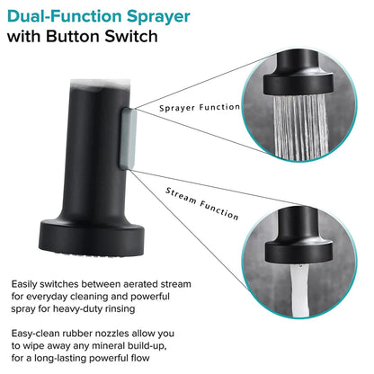 Black dual-function spray nozzle with button switch and matte finish for deck mounted single hole rozin kitchen faucet