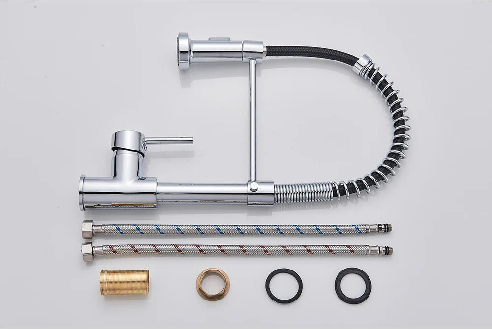 Chrome finished deck mounted kitchen faucet with flexible black hose and braided metal supply lines for single hole installation