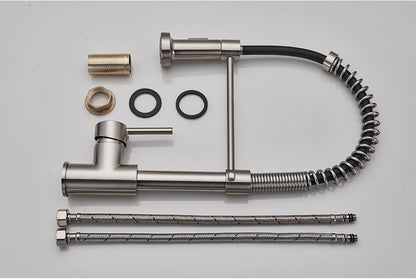 Stainless steel rozin brushed nickel deck mounted kitchen faucet with flexible coiled hose and braided supply lines single hole design