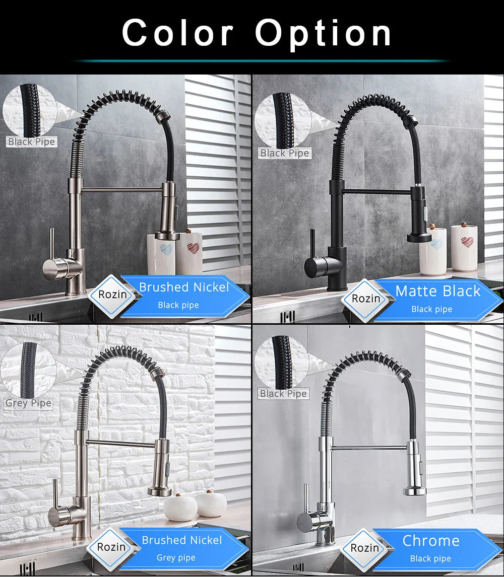 Rozin brushed nickel deck mounted single hole kitchen faucet with flexible gooseneck and 360 degree rotation sprayer nozzle
