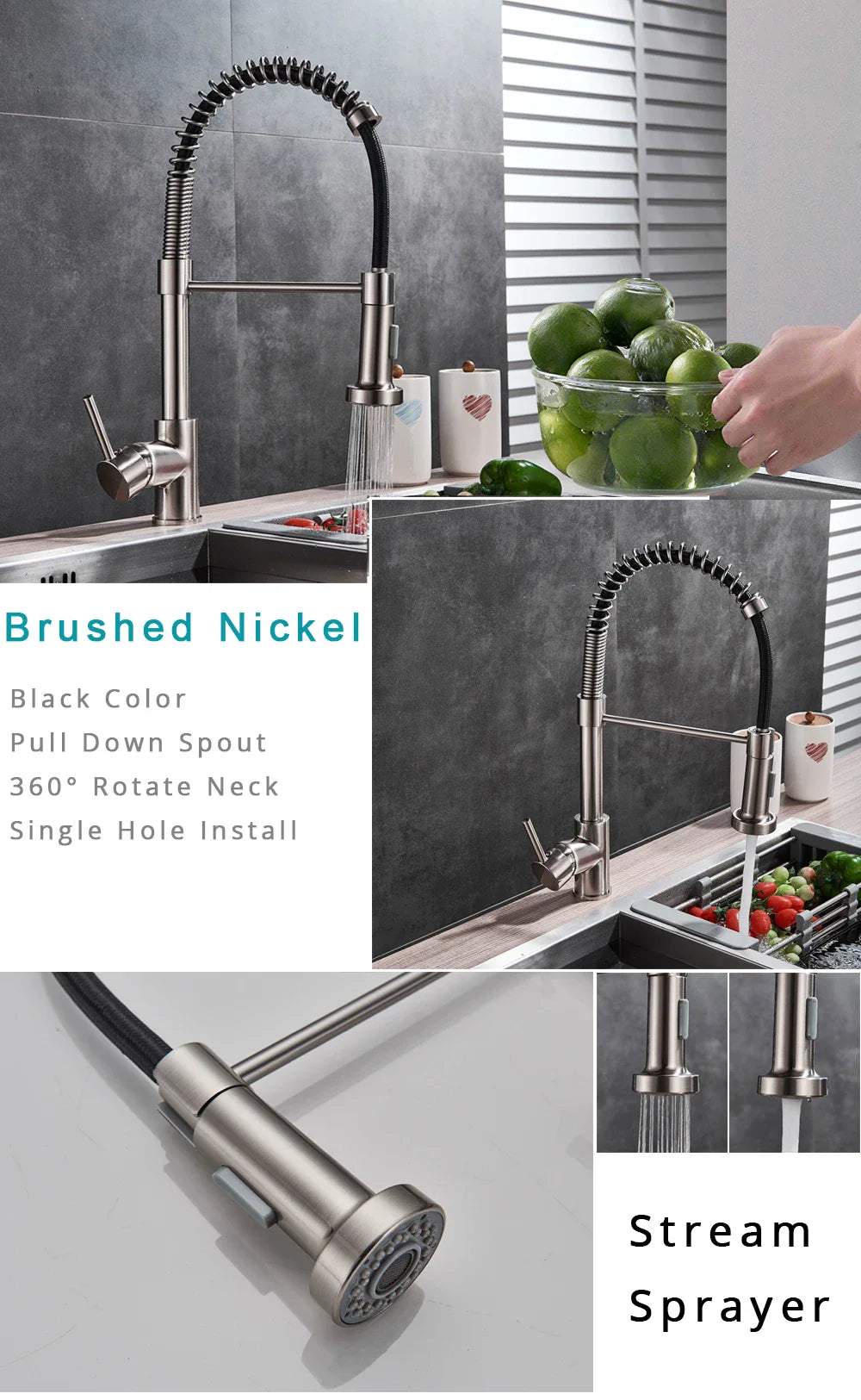 Rosin brushed nickel deck mounted kitchen faucet with black flexible neck single hole pull-down spout and 360 rotation