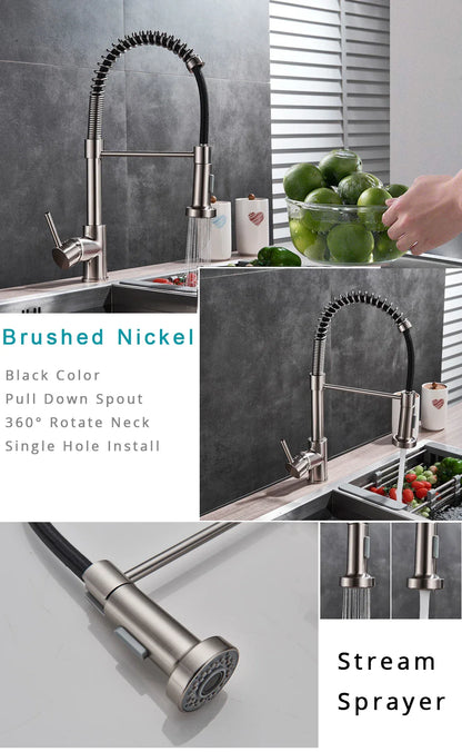 Rosin brushed nickel deck mounted kitchen faucet with black flexible neck single hole pull-down spout and 360 rotation
