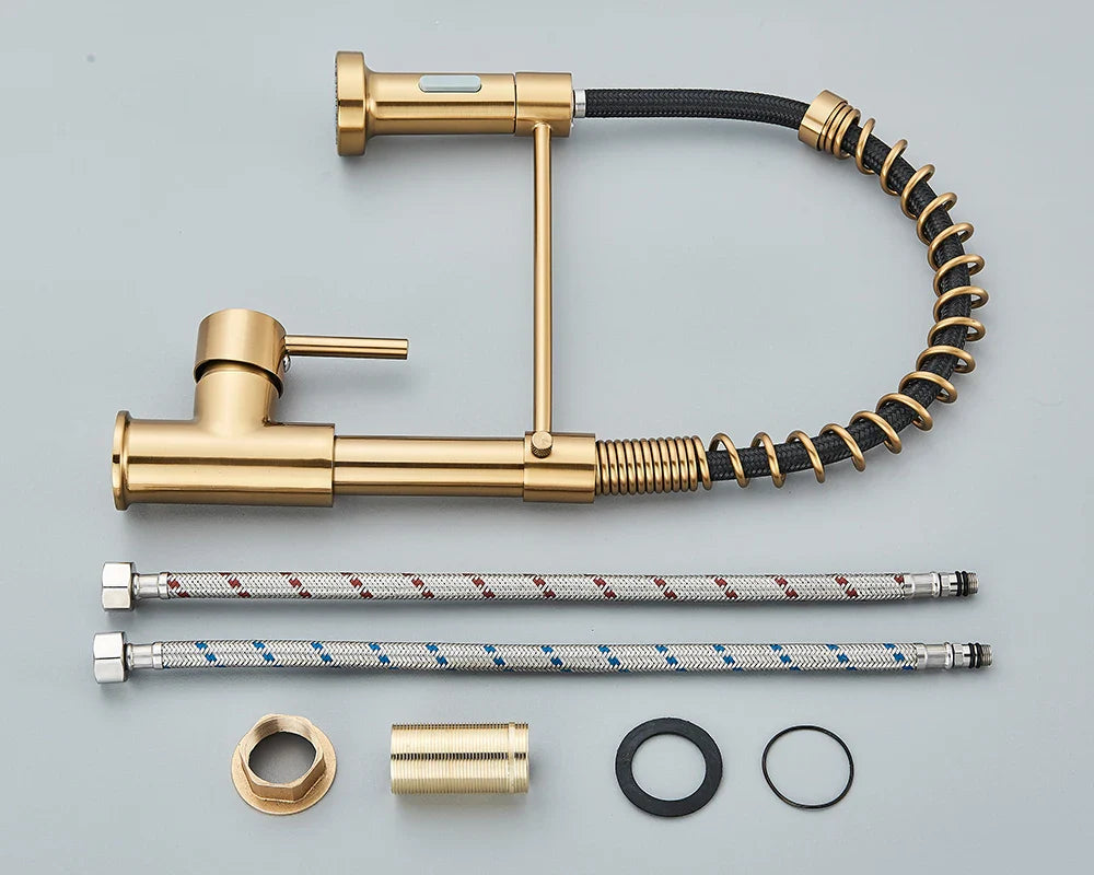 Gold-colored Rozin brushed nickel deck mounted kitchen faucet with flexible coiled hose and two braided supply tubes for single hole installation