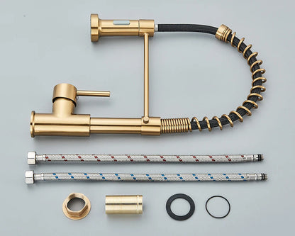 Gold-colored Rozin brushed nickel deck mounted kitchen faucet with flexible coiled hose and two braided supply tubes for single hole installation
