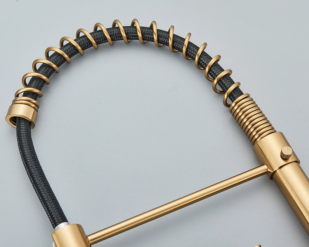 Brass-finished deck mounted single hole kitchen faucet with coiled black braided hose and spiral spring design