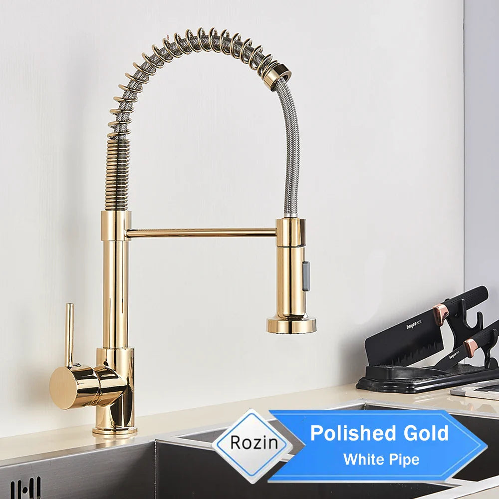Polished gold deck mounted rozin kitchen faucet with flexible coiled spring hose and 360 degree rotation single hole design