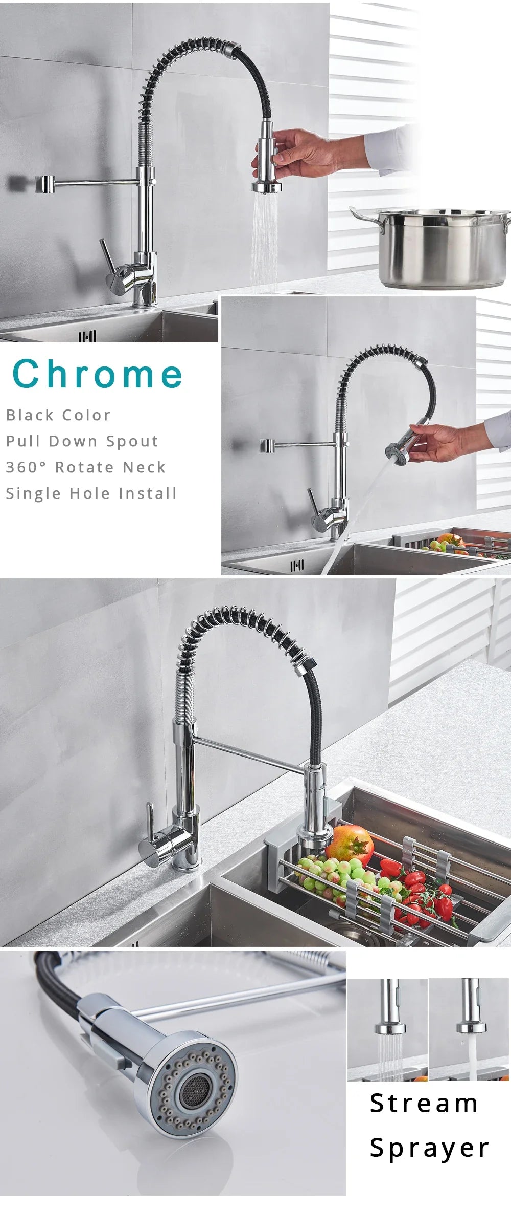 Rozin brushed nickel deck mounted kitchen faucet with chrome finish, black flexible hose, single hole, and pull-down spray head