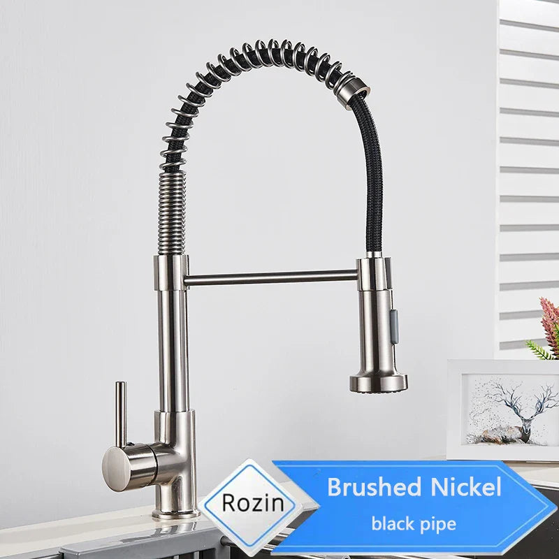 Rozin brushed nickel deck mounted single hole kitchen faucet with flexible coiled spring hose and black pipe mixer tap