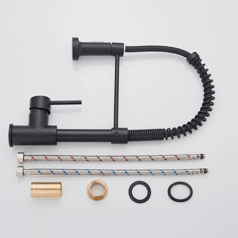 Rozin deck mounted single hole kitchen faucet in black matte with flexible gooseneck and pull-down spray head