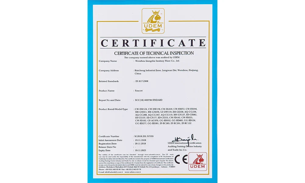 White certificate with blue border and gold lettering issued by udem shown with rozin brushed nickel deck mounted kitchen faucet single hole mixer tap