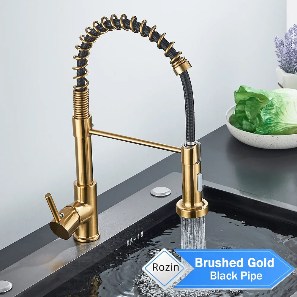 Rozin brushed gold deck mounted kitchen faucet with flexible coiled spring hose and black single hole pipe